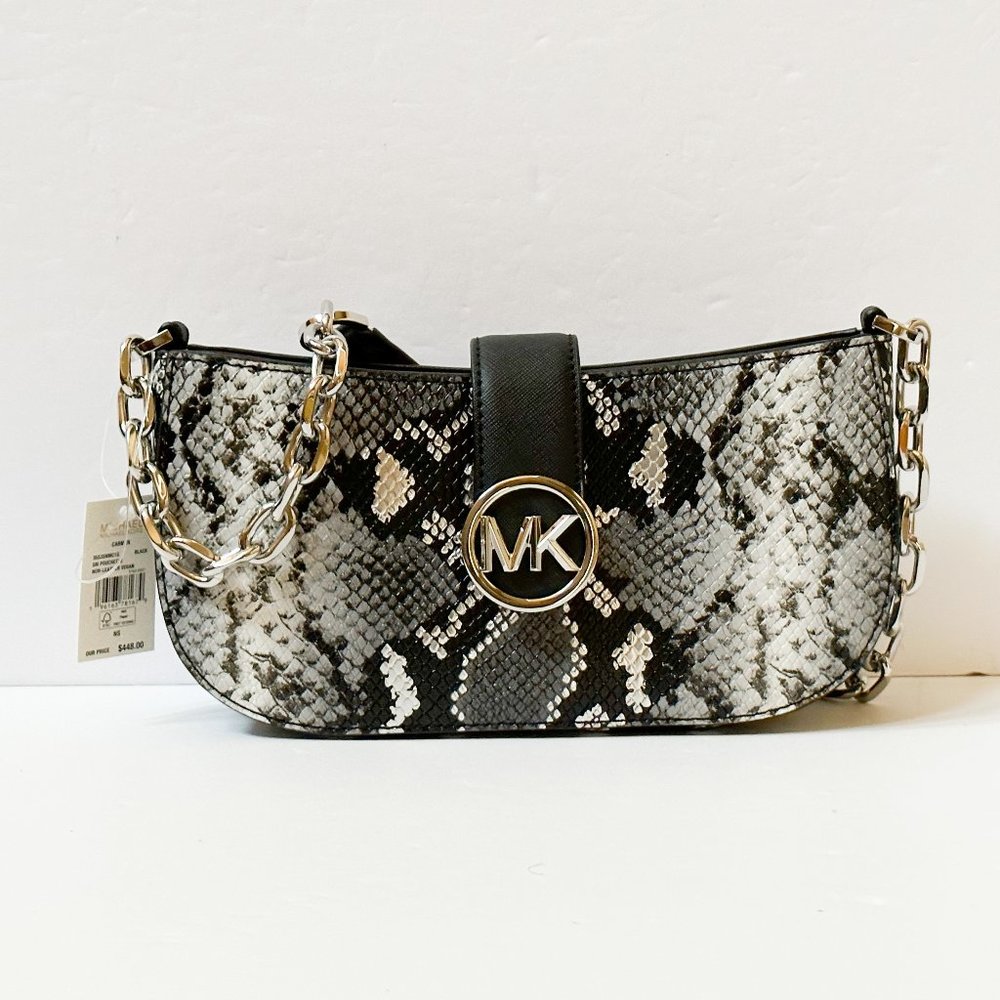 Michael Kors Carmen Small Shoulder Chain Bag Embossed Leather Exotic Black